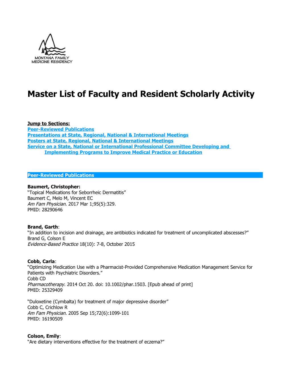 Master List of Faculty and Resident Scholarly Activity
