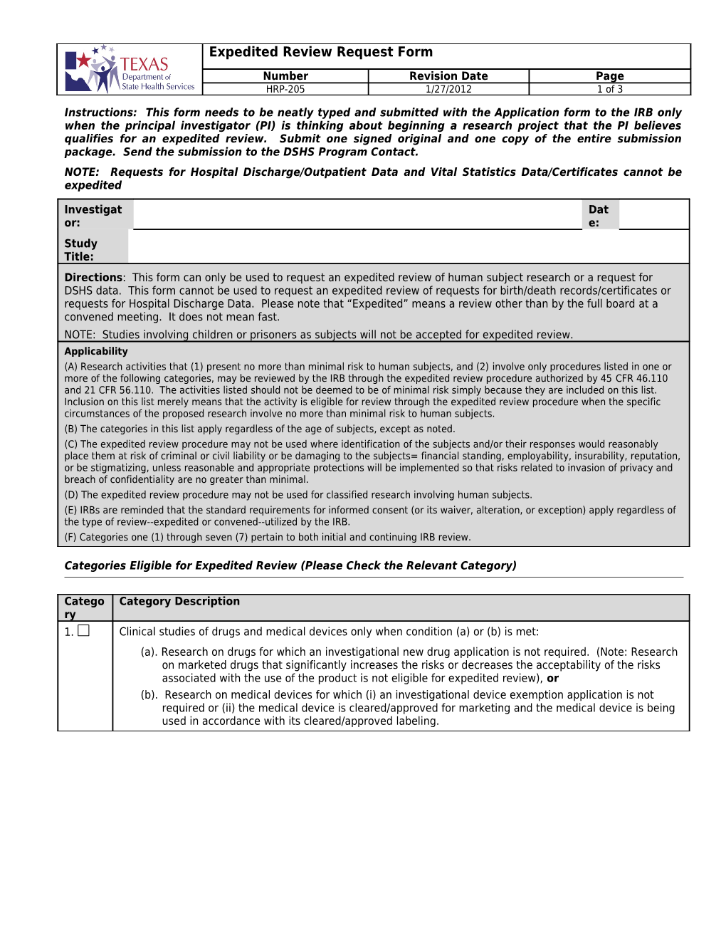 HRP-205 Expedited Review Request W