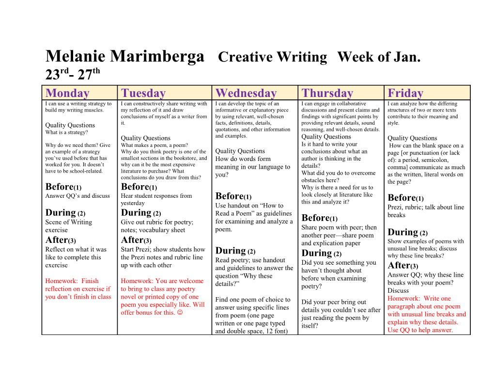 Melanie Marimberga Creative Writing Week of Jan. 23Rd- 27Th