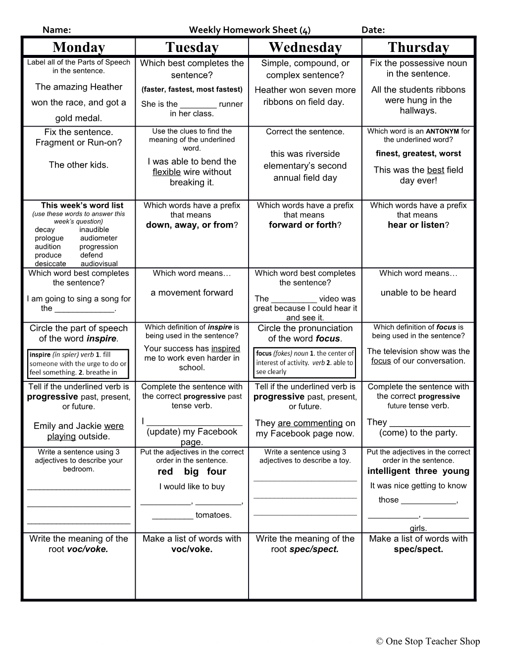 Name: Weekly Homework Sheet (4) Date