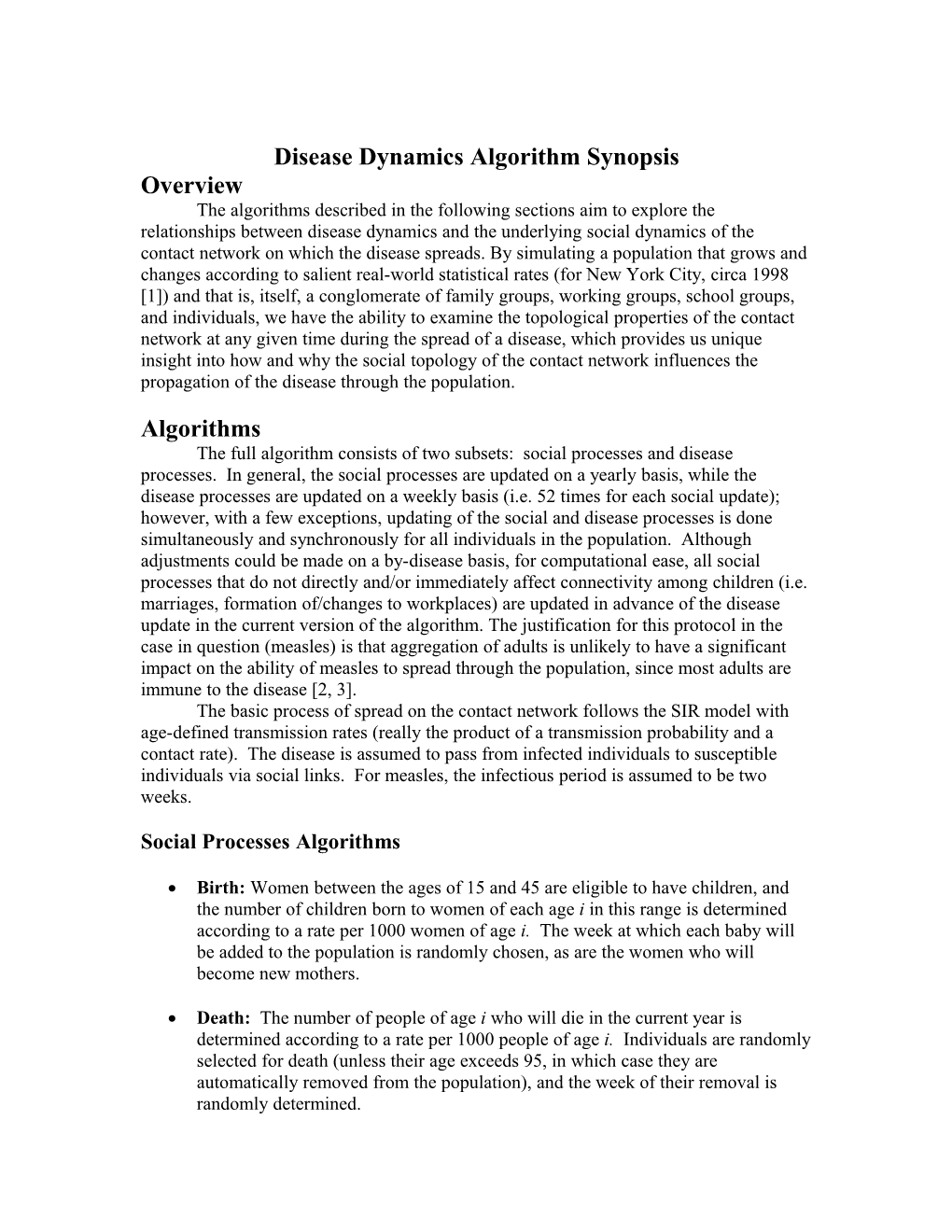 Disease Dynamics Algorithm Synopsis