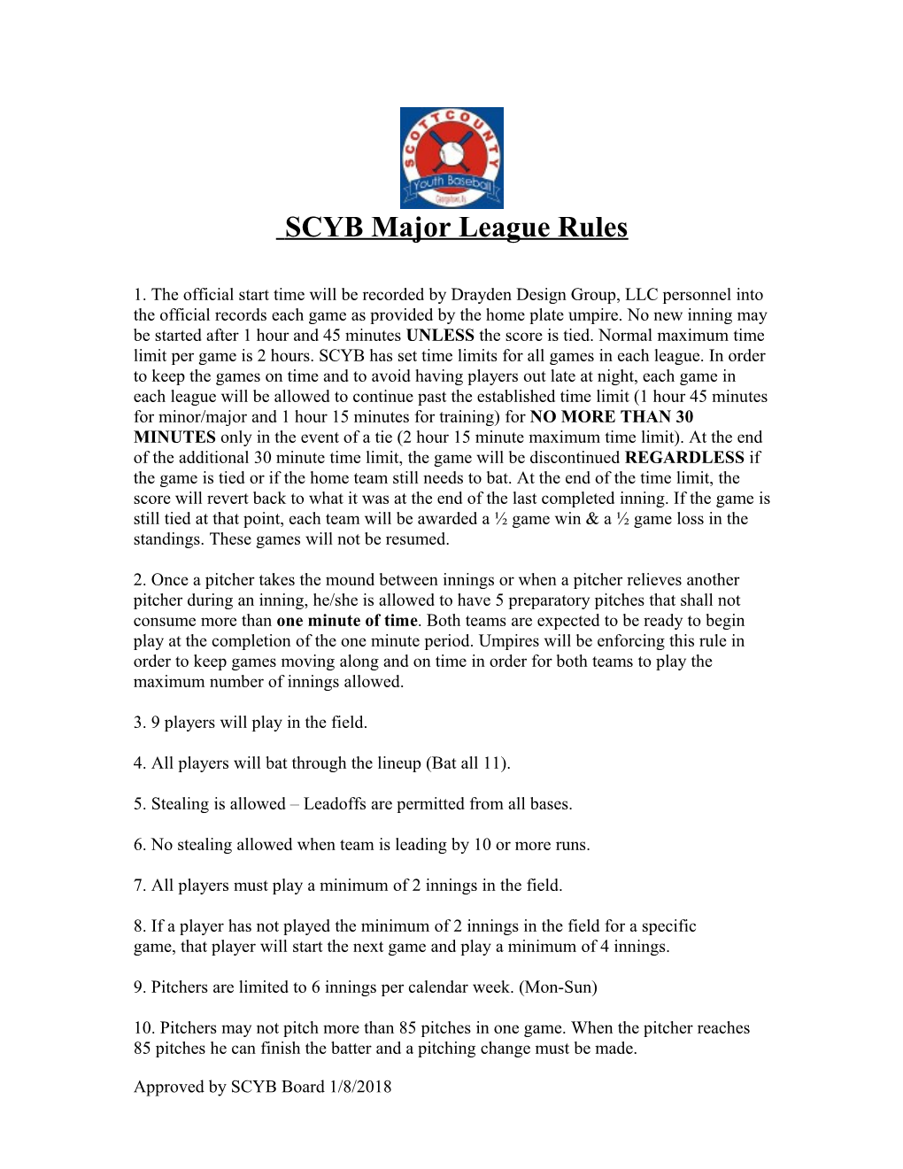 2010 SCYB Major League Rules