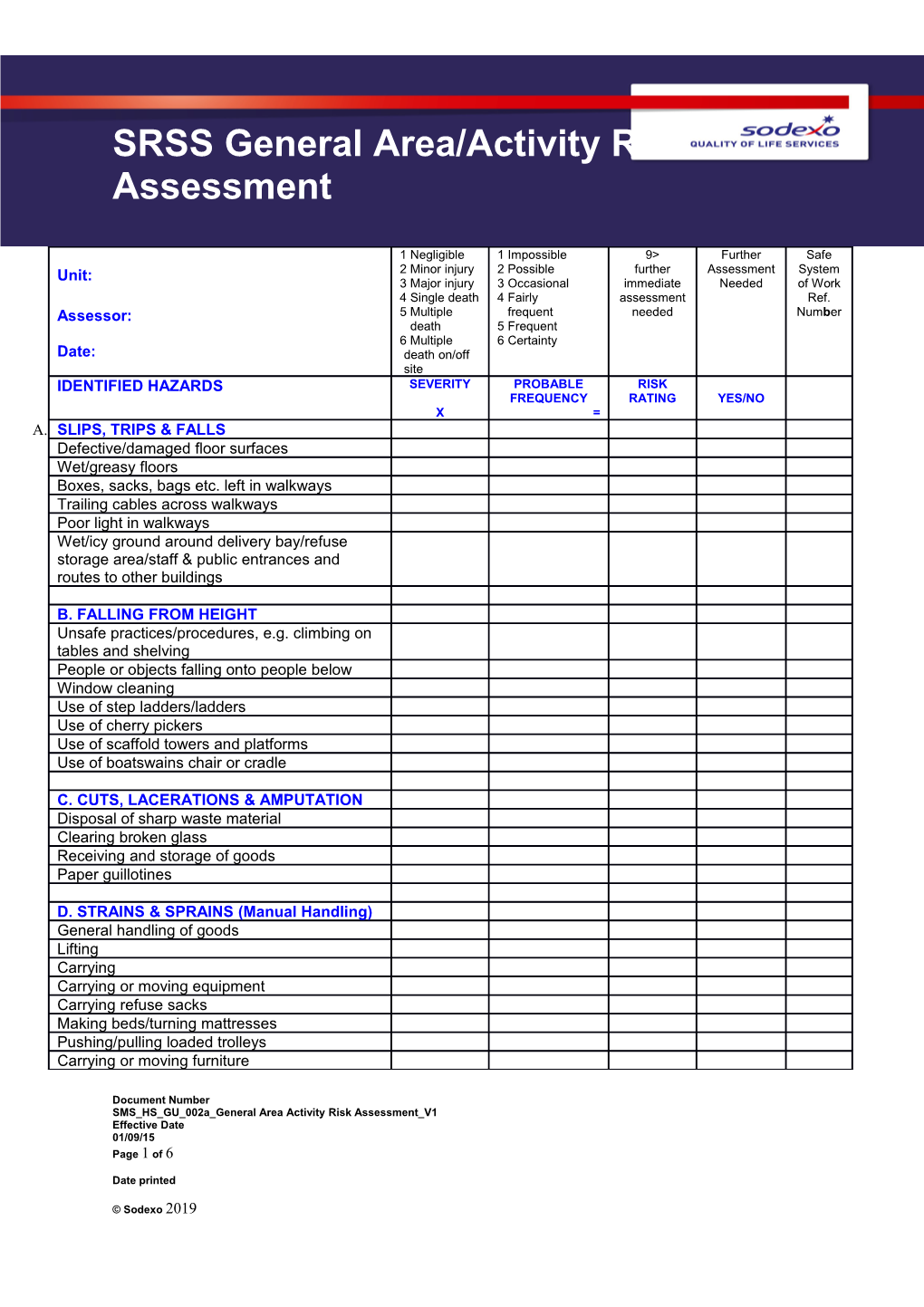 SRSS General Area/Activity Risk Assessment