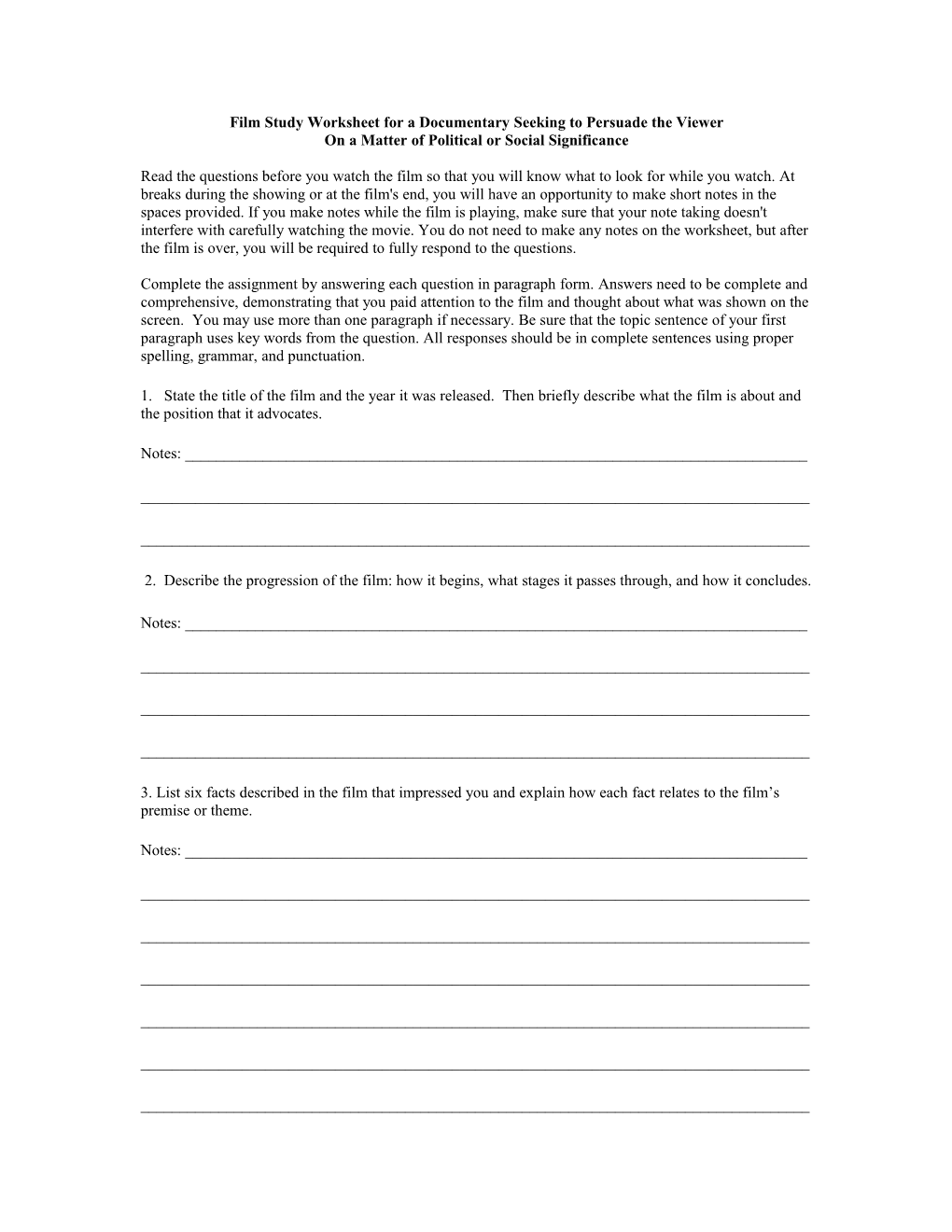 Film Study Worksheet for a Documentary Seeking to Persuade the Viewer