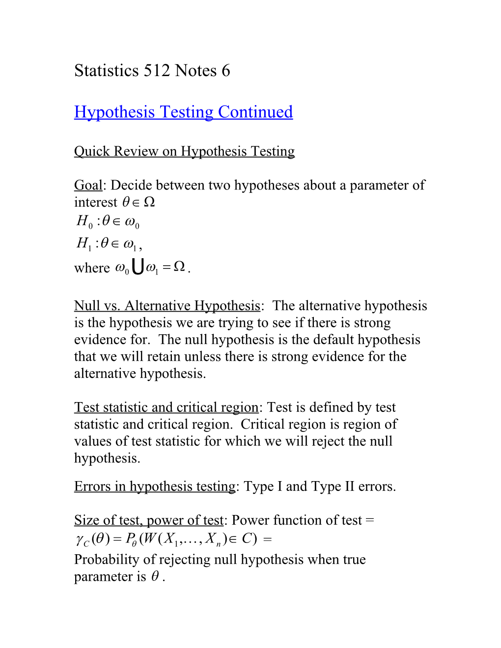 Statistics 512 Notes 6