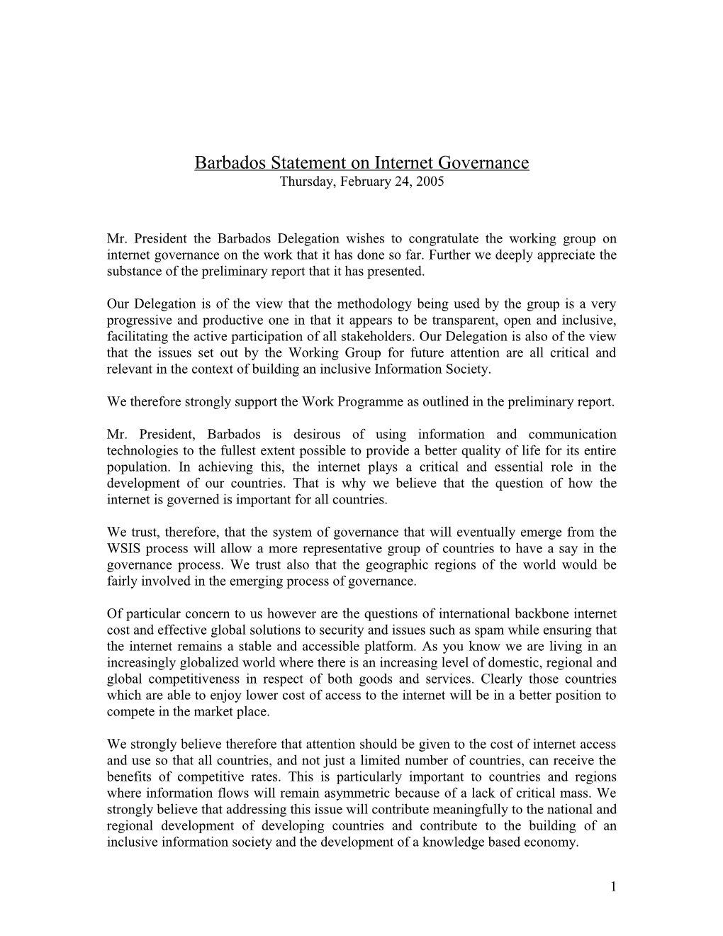 Barbados Statement on Internet Governance