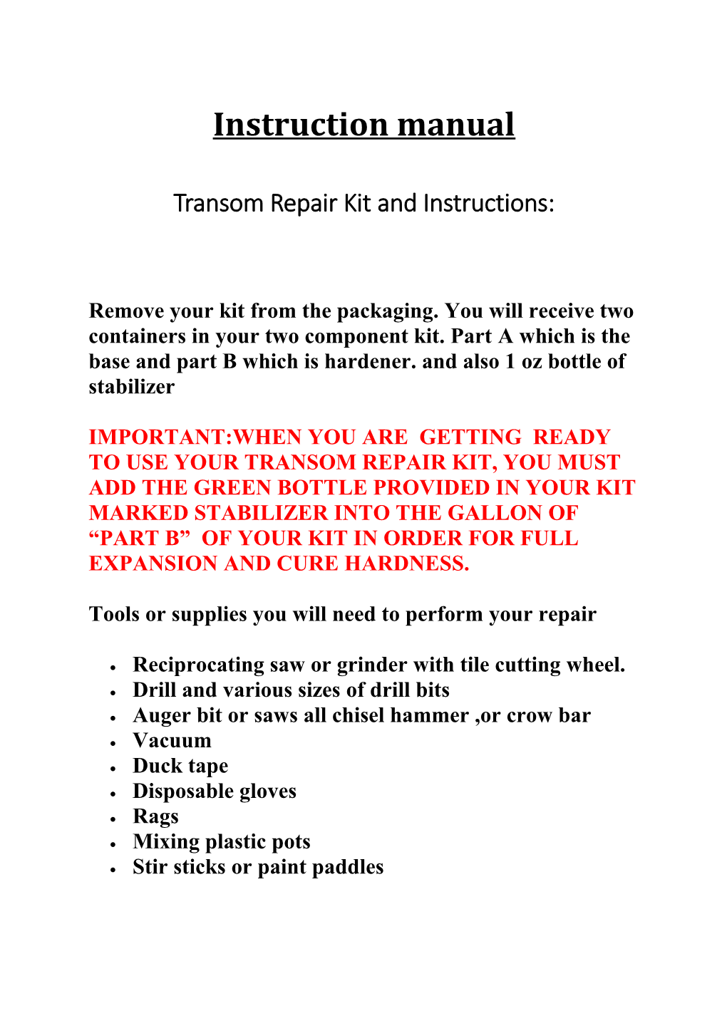 Transom Repair Kit and Instructions