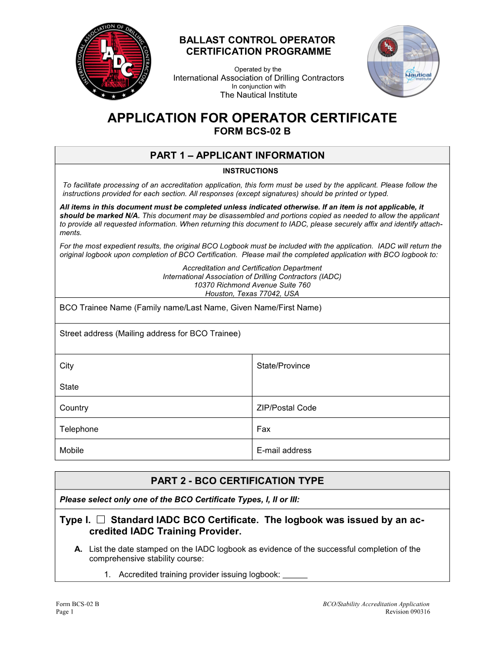 Application for Operator Certificate