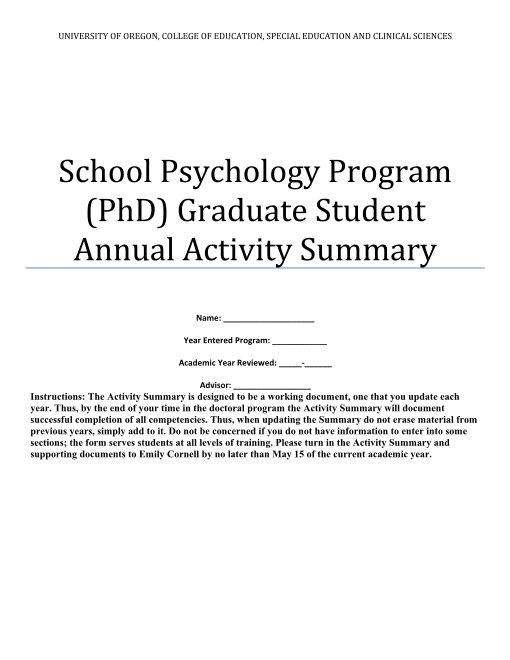 School Psychology Program (Phd) Graduate Student Annual Activity Summary