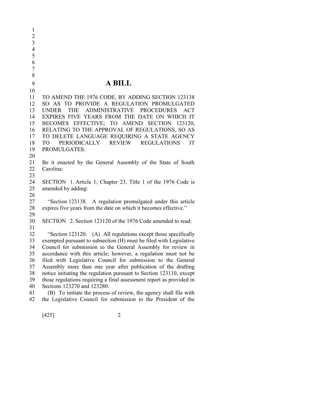 2015-2016 Bill 425: Regulations - South Carolina Legislature Online