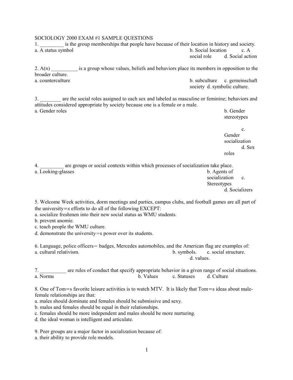 Sociology 2000 Exam #1 Sample Questions