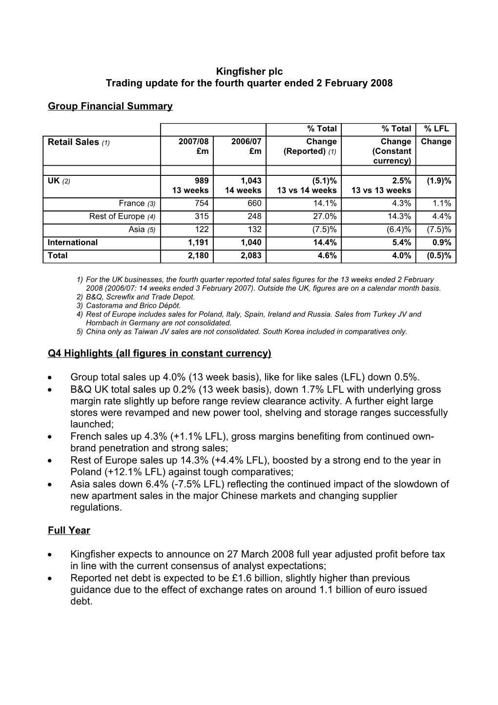 Kingfisher Plc Fourth Quarter Trading Update