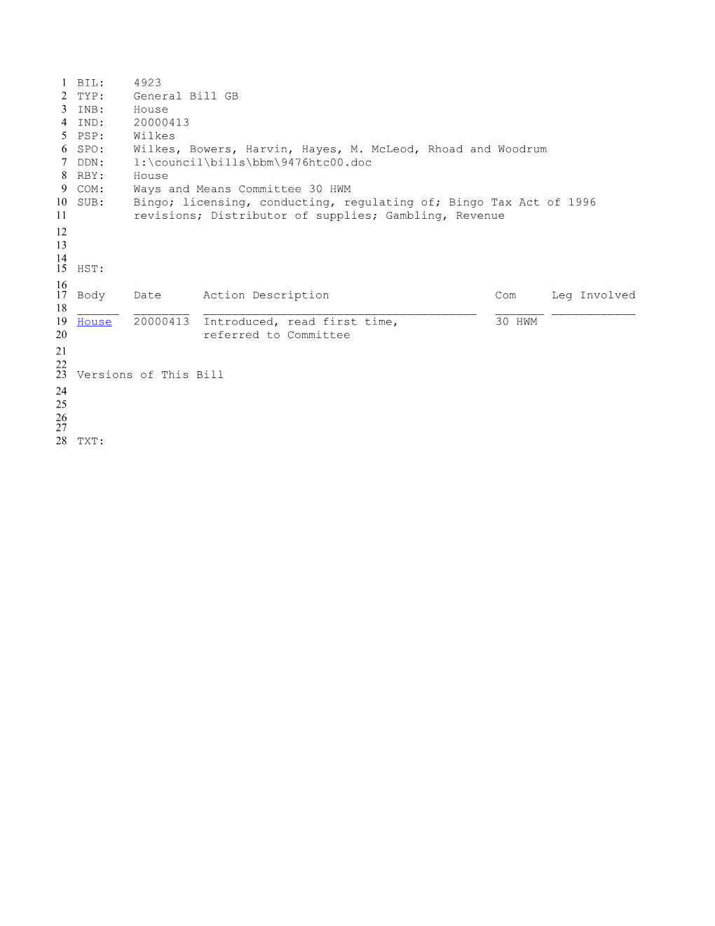 1999-2000 Bill 4923: Bingo; Licensing, Conducting, Regulating Of; Bingo Tax Act of 1996