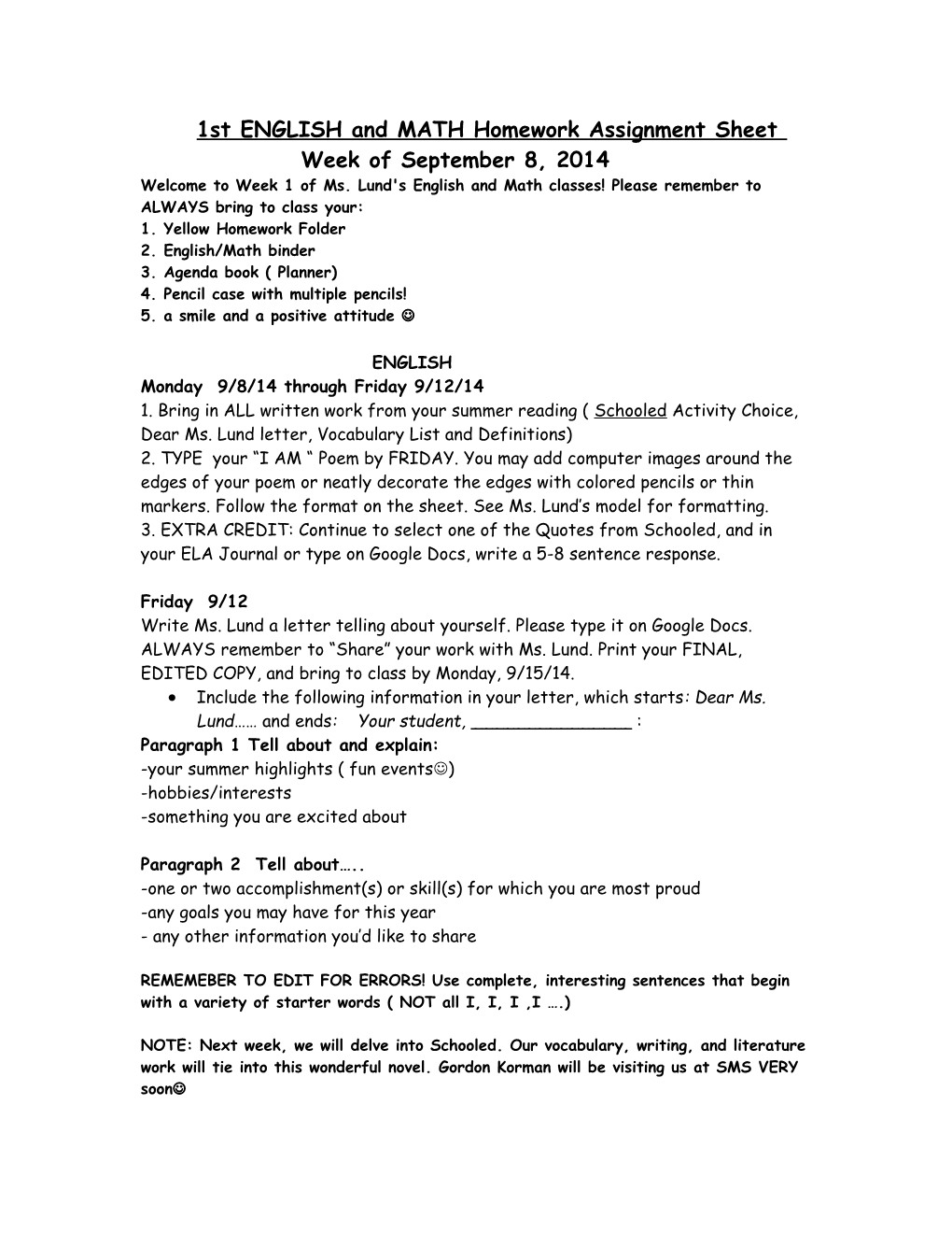 1St ENGLISH and MATH Homework Assignment Sheet