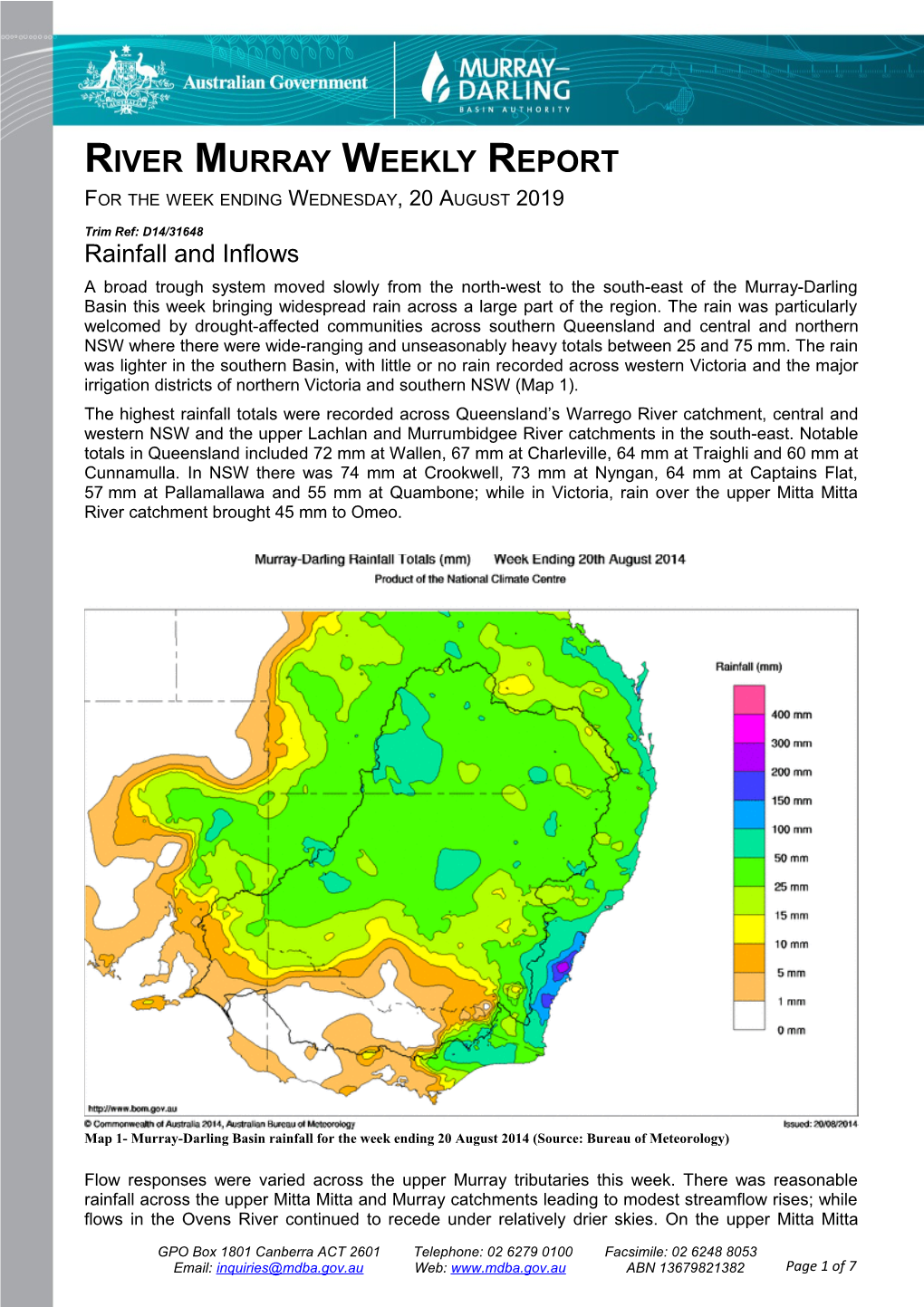 River Murray Operations Weekly Report 20 August 2014