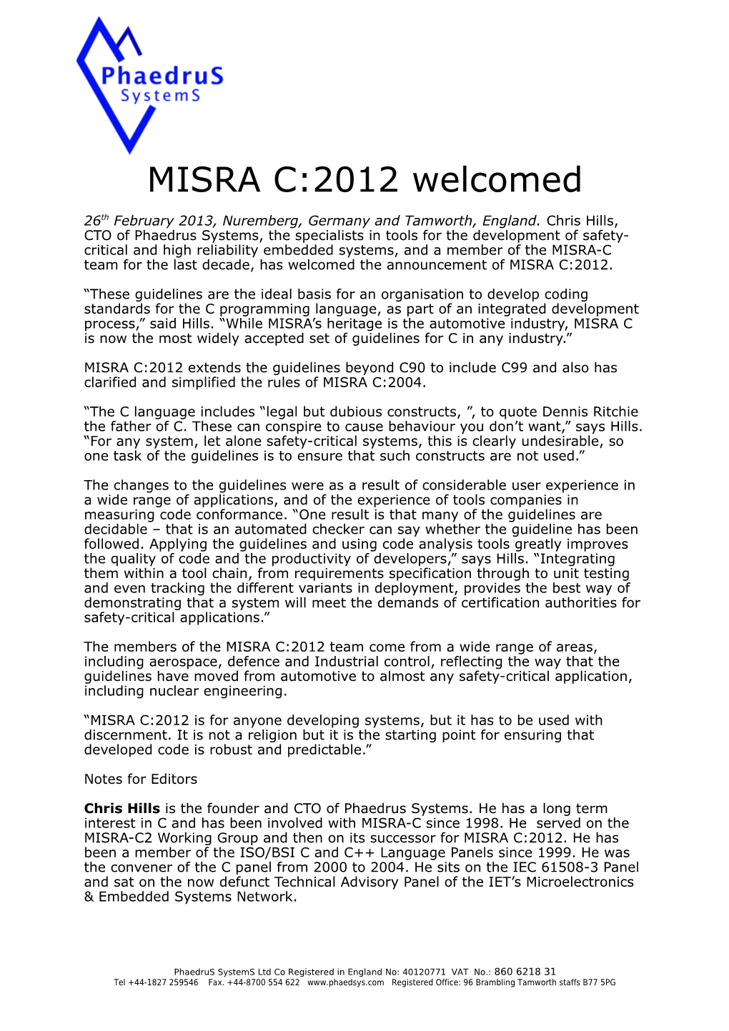 MISRA C:2012 Welcomed