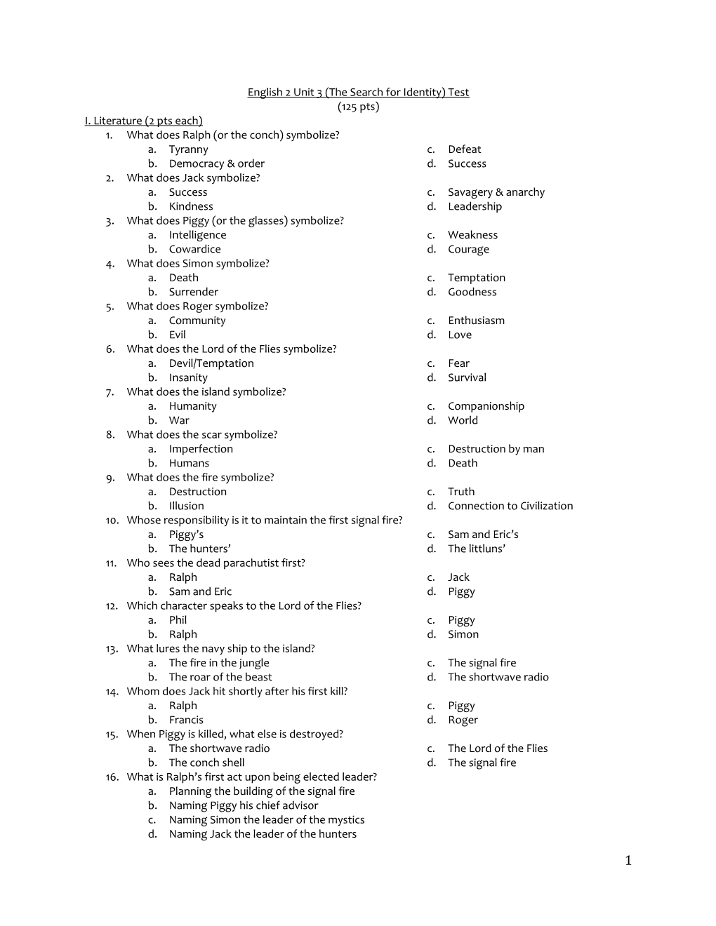 English 2 Unit 3 (The Search for Identity) Test