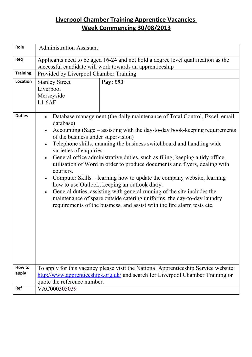 Liverpool Chamber Training Apprentice Vacancies