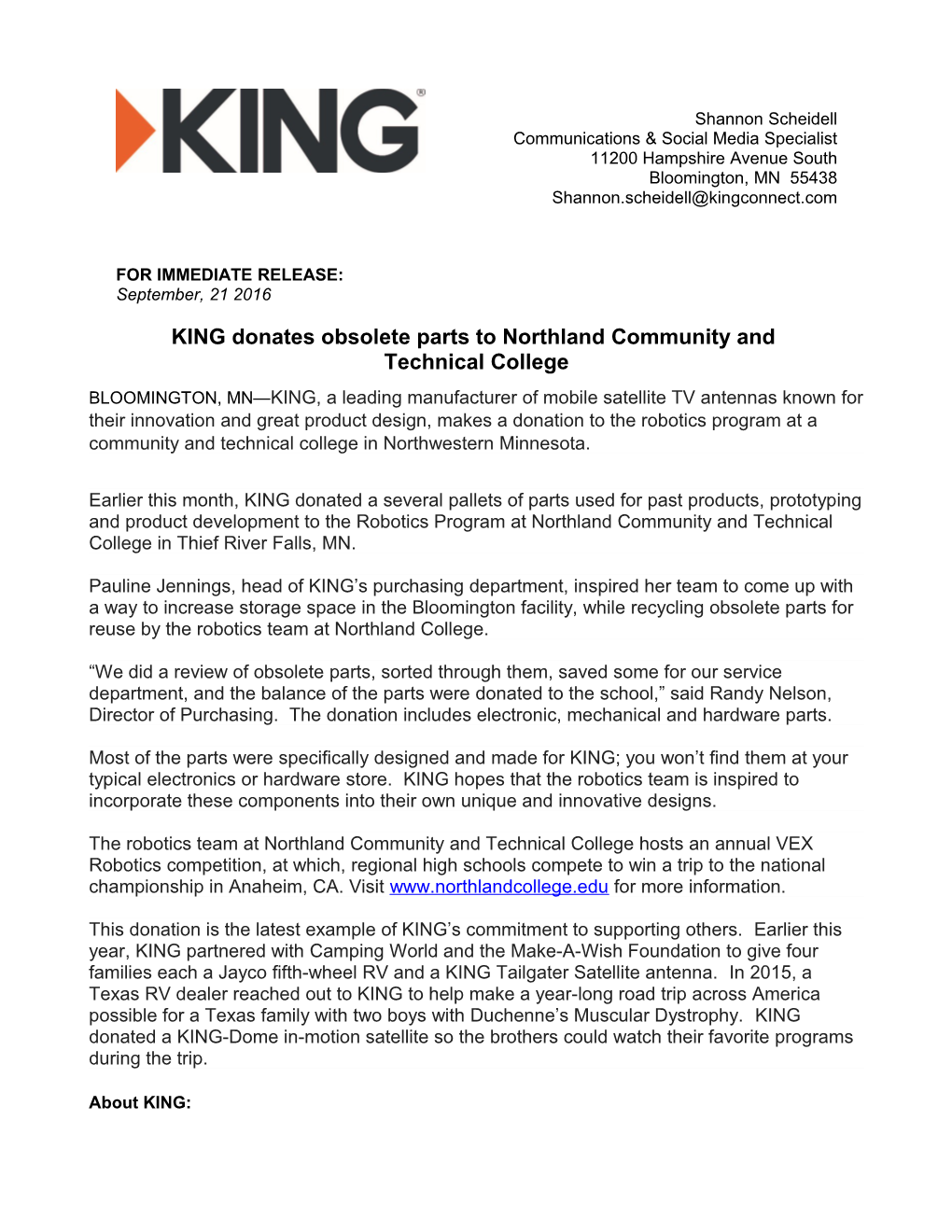 KING Donates Obsolete Parts to Northland Community and Technical College