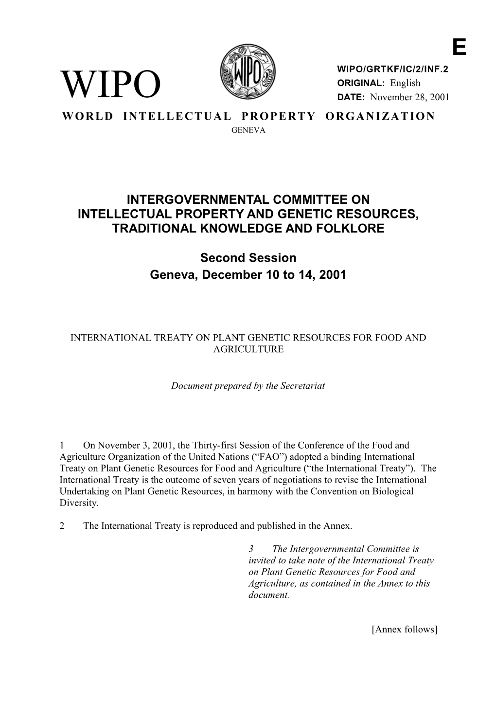 WIPO/GRTKF/IC/2/INF/2: International Treaty on Plant Genetic Resources for Food and Agriculture