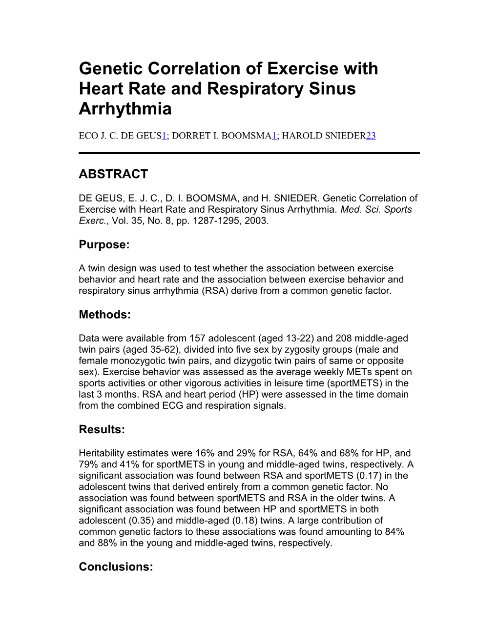 Genetic Correlation of Exercise with Heart Rate and Respiratory Sinus Arrhythmia