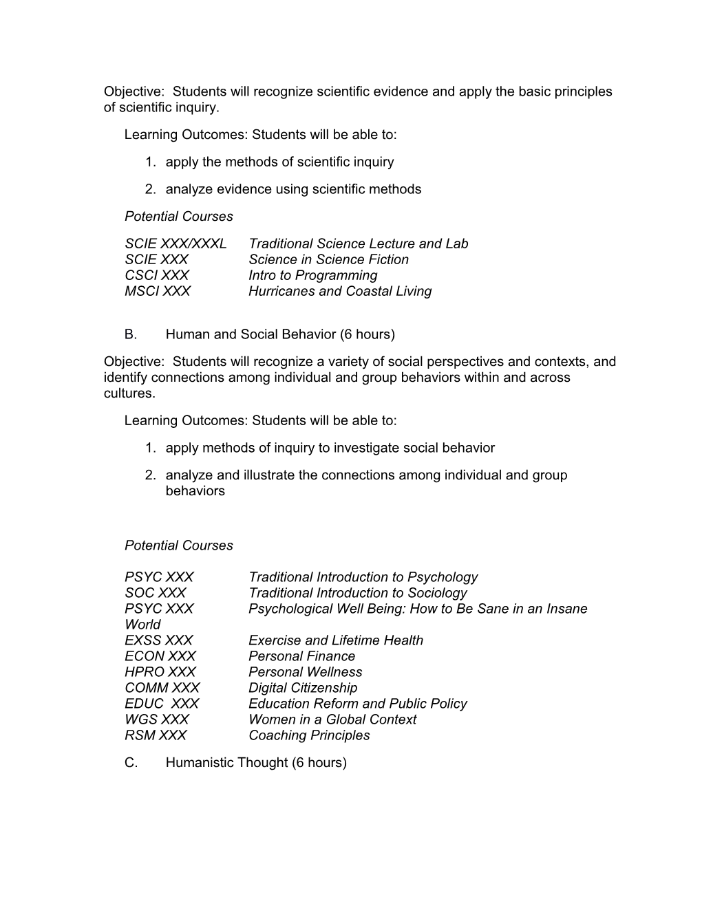 Core Curriculum Draft with Goals, Objectives, and Learning Outcomes