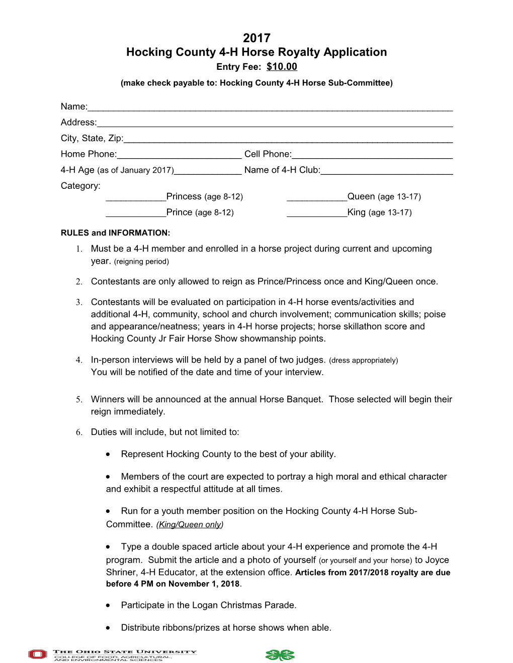 Hocking County 4-H Horse Royalty Application