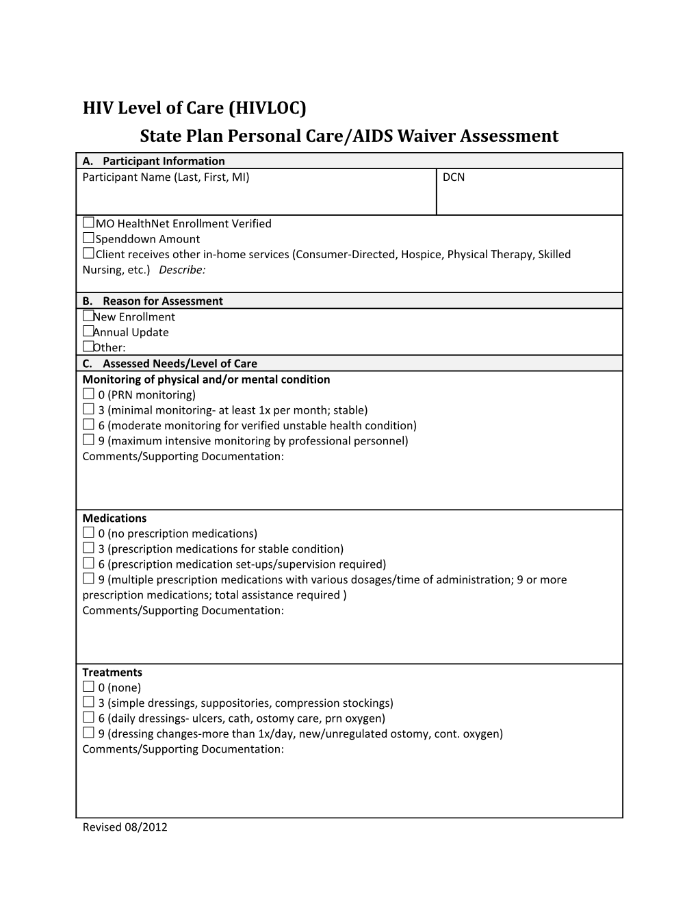State Plan Personal Care/AIDS Waiver Assessment