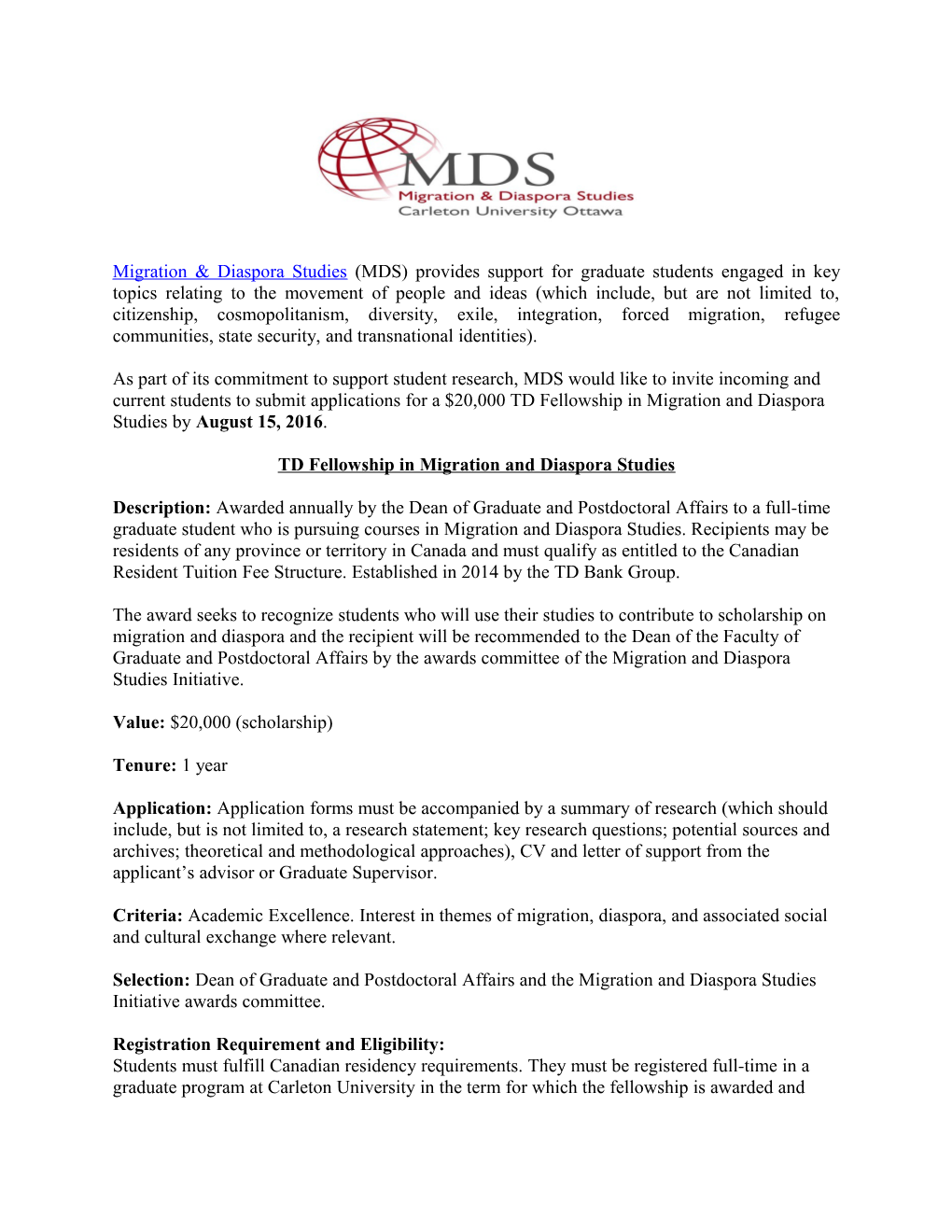 TD Fellowship in Migration and Diaspora Studies