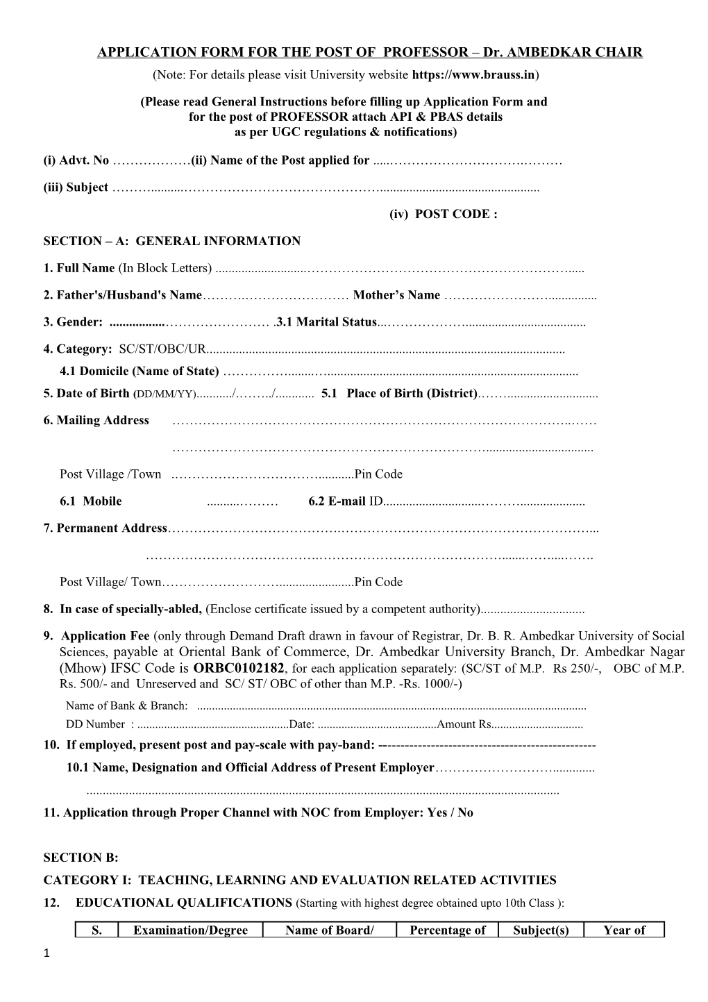 APPLICATION FORM for the POST of PROFESSOR Dr. AMBEDKAR CHAIR