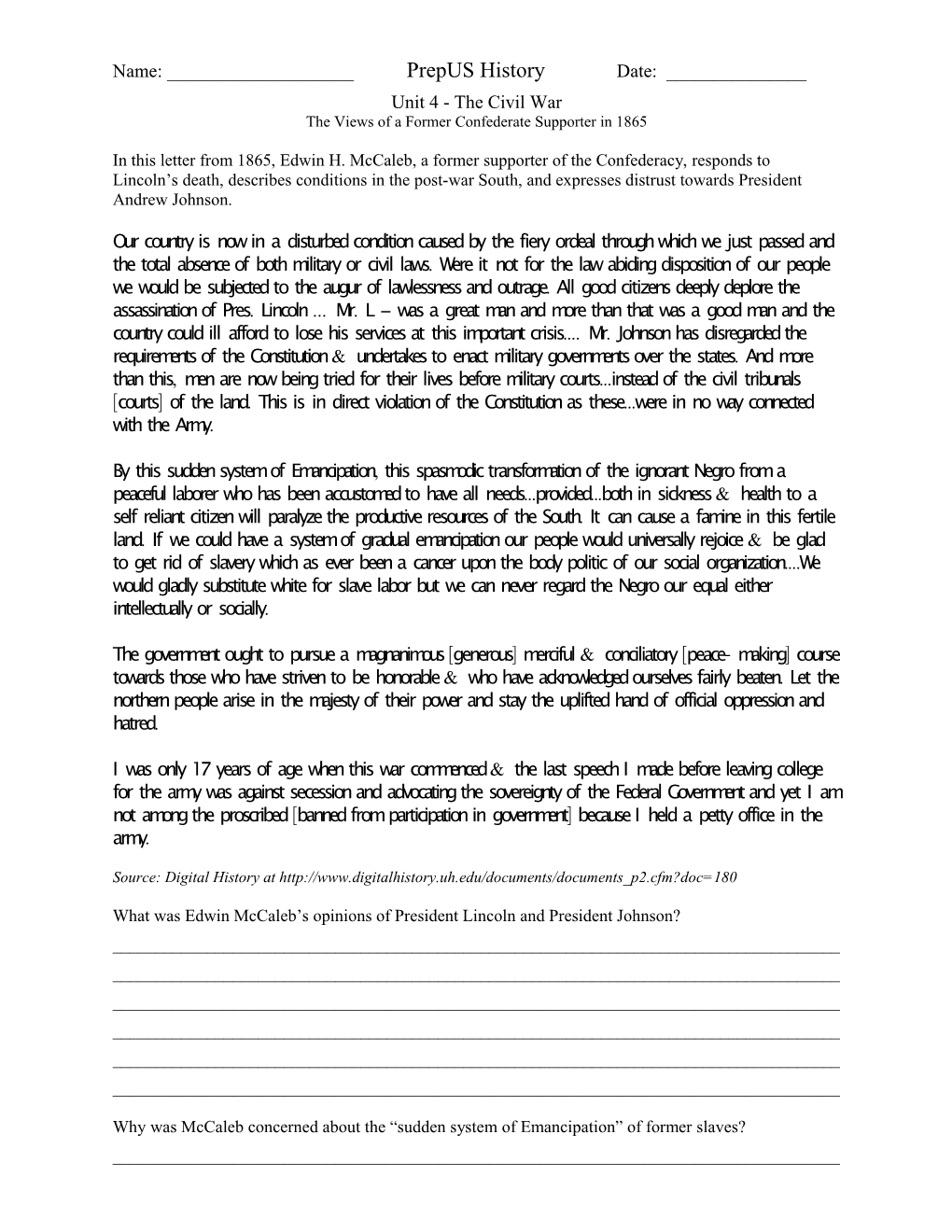 In This Letter from 1865, Edwin H. Mccaleb, a Former Supporter of the Confederacy, Responds