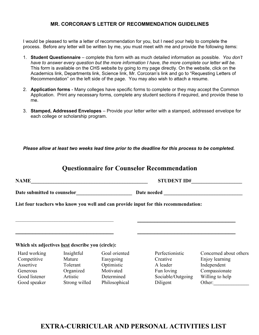 Letter of Recommendation Guidelines