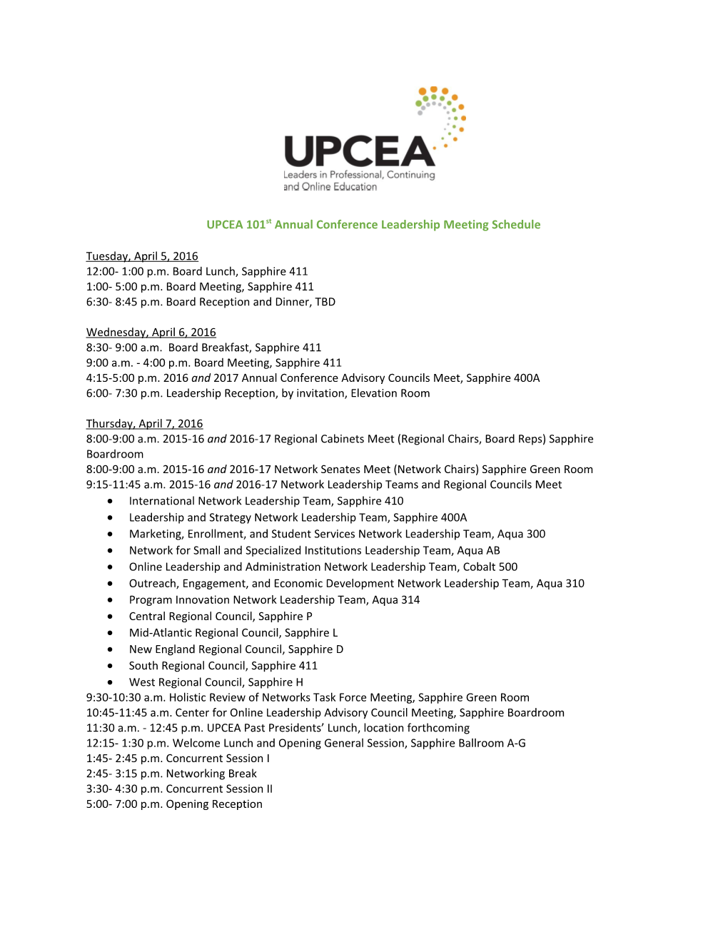 UPCEA 101St Annual Conference Leadership Meeting Schedule