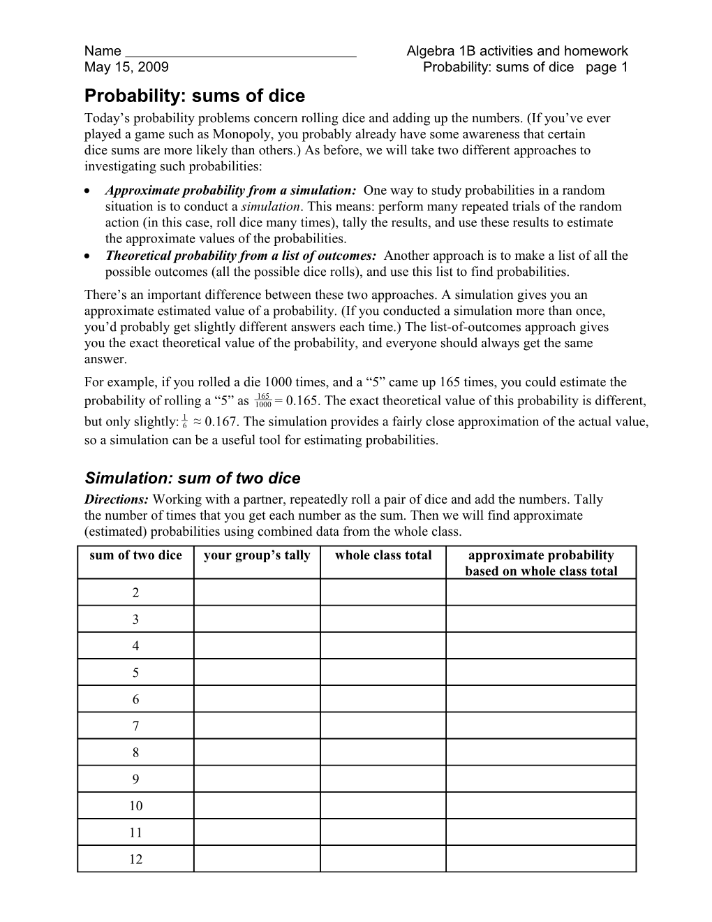 Name Algebra 1B Activities and Homework