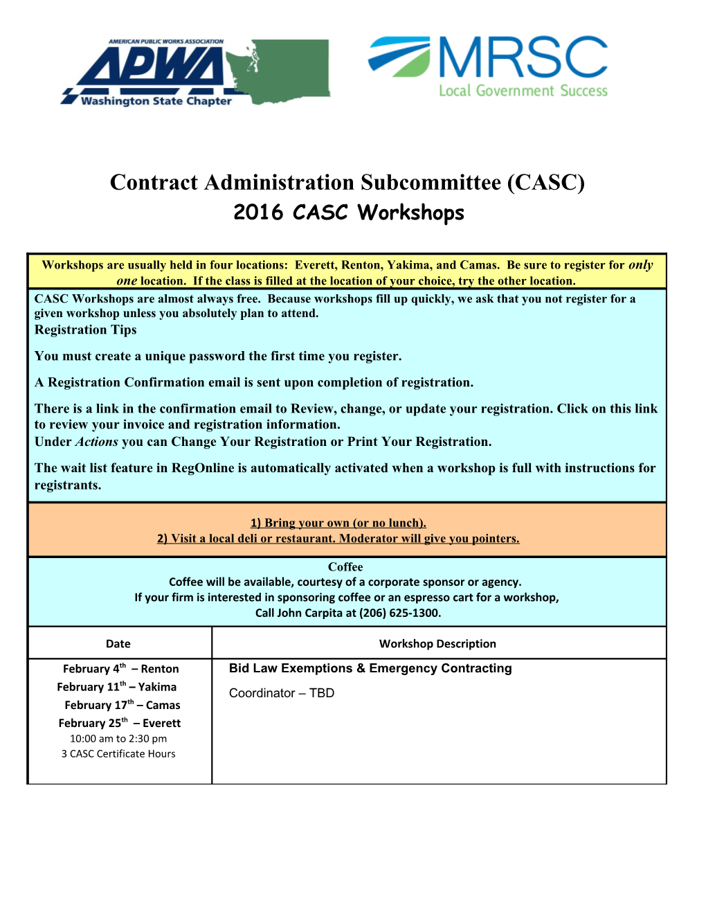 2014 CASC Workshops Schedule