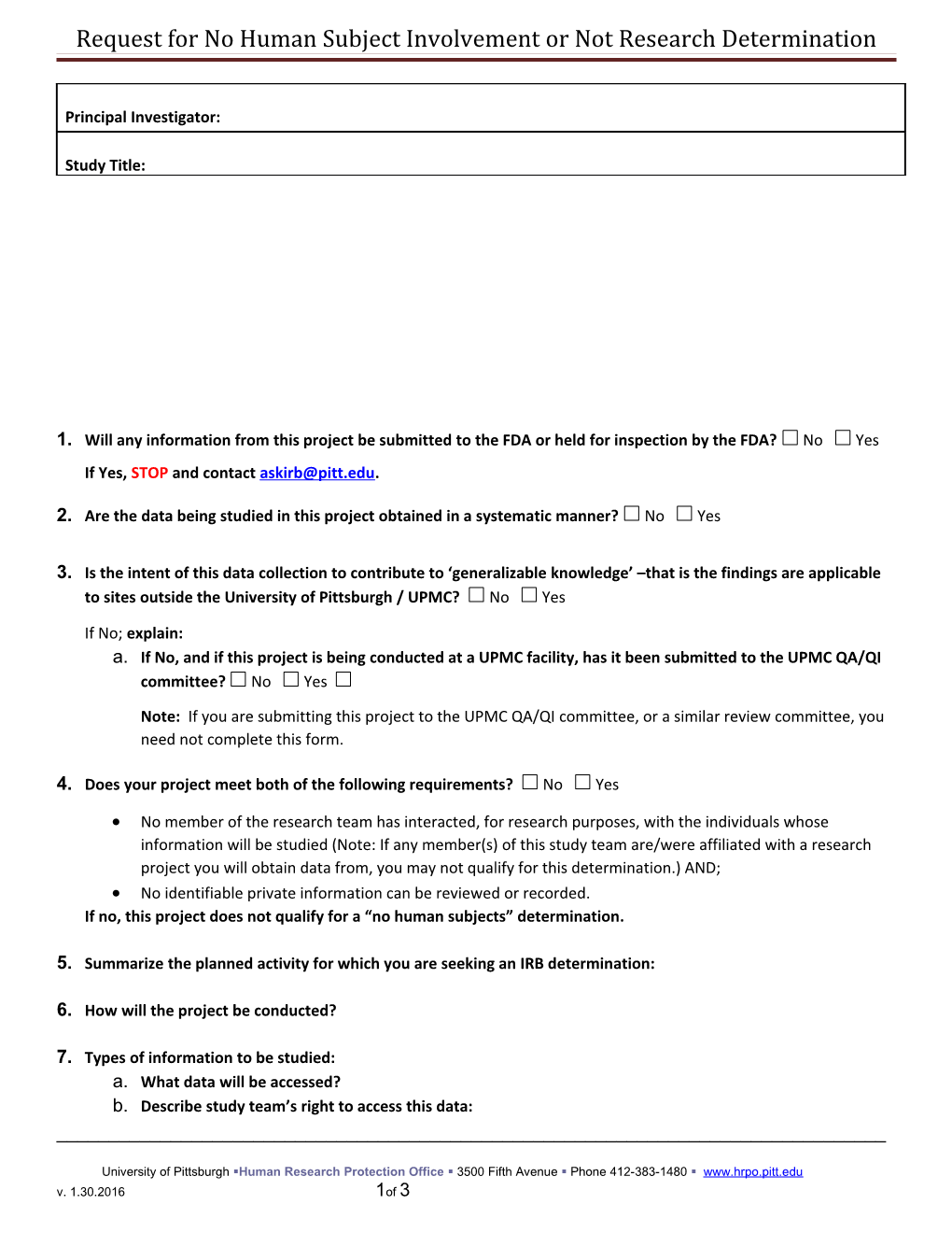 Request for Exempt Or No Human Subject Determination