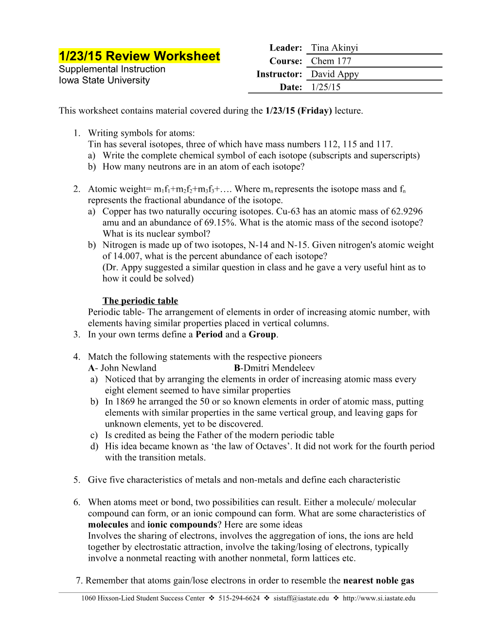 This Worksheet Contains Material Covered During the 1/23/15 (Friday) Lecture