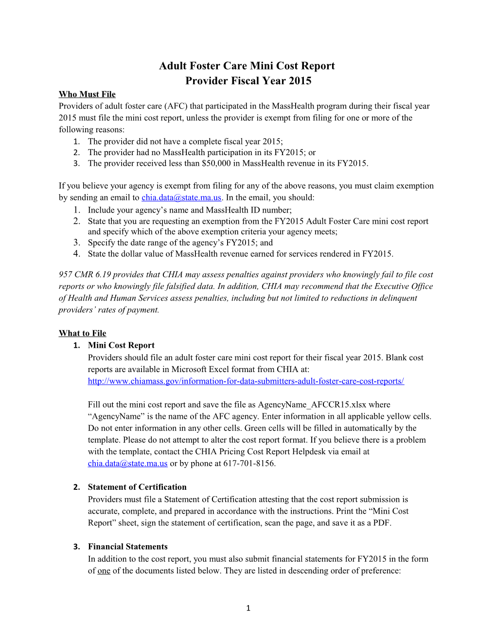 Adult Foster Care Mini Cost Report