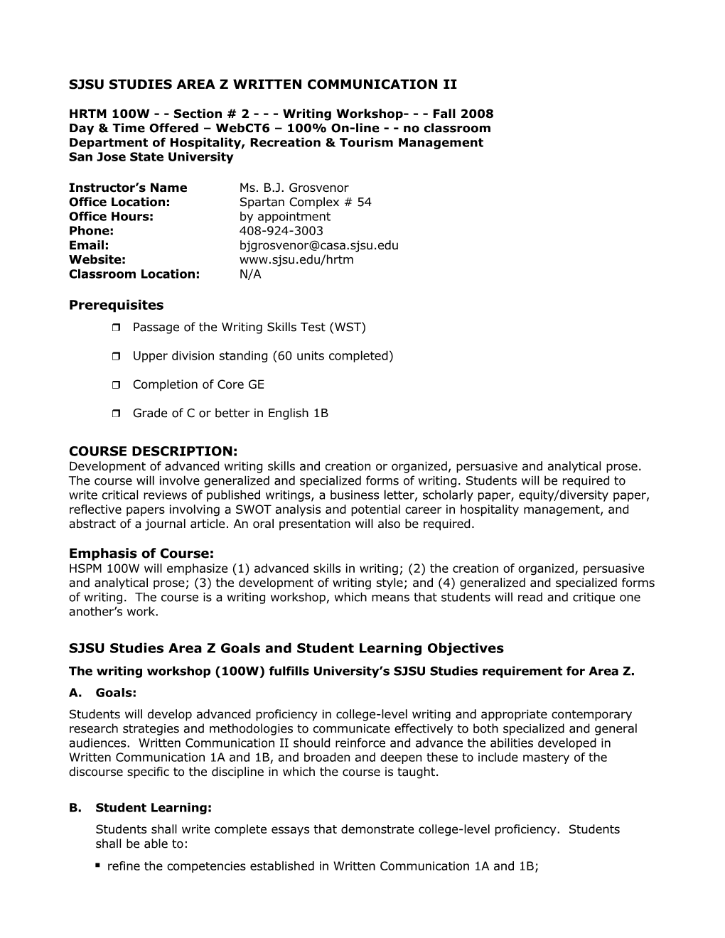 Sjsu Studies Area Z Written Communication Ii