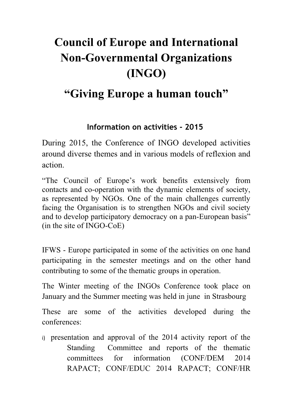 Council of Europe and International Non-Governmental Organizations (INGO)