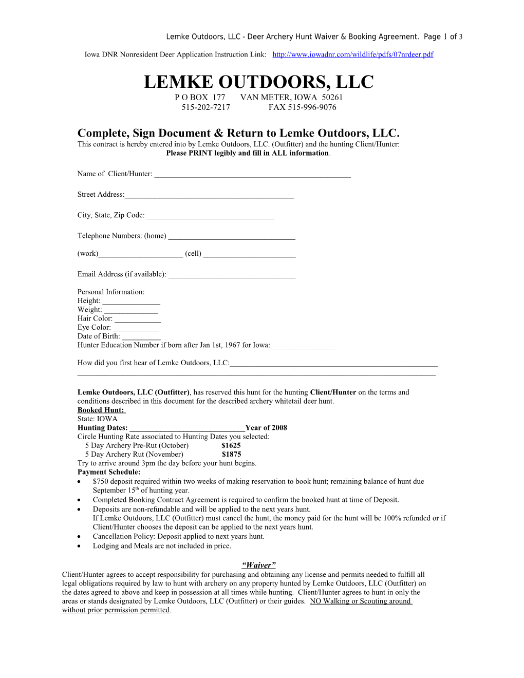 Sign Document & Return to Lemke Outdoors, LLC