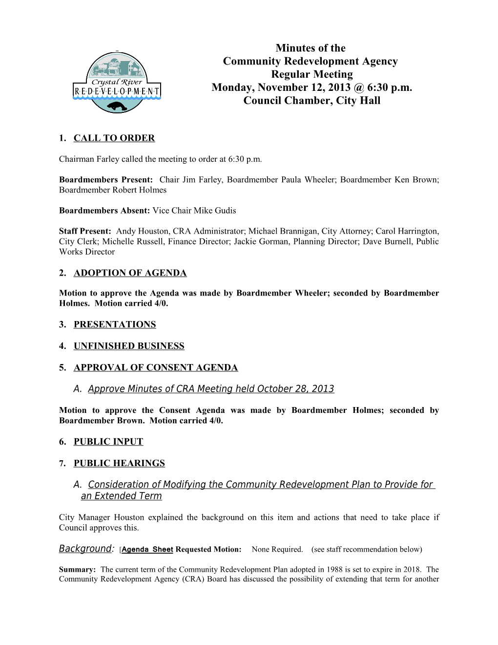 CRA Minutes for November 12, 2013Page 1 of 5