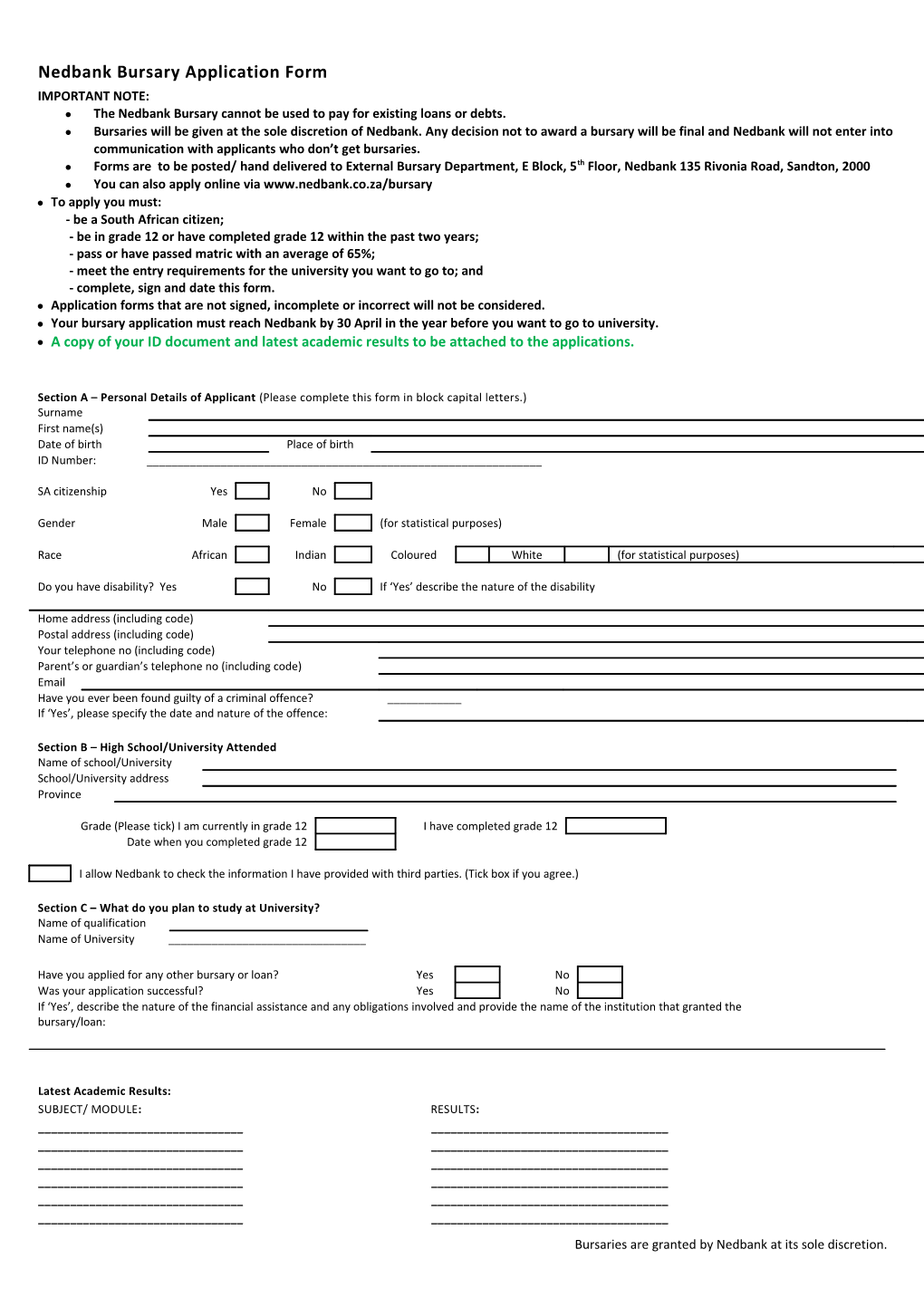 Nedbank Bursary Application Form