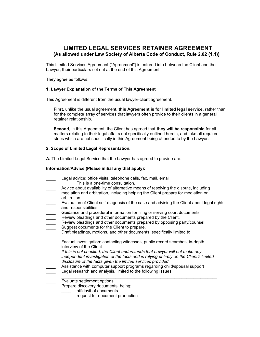 LIMITED LEGAL SERVICES RETAINER AGREEMENT (As Allowed Under Law Society of Alberta Code
