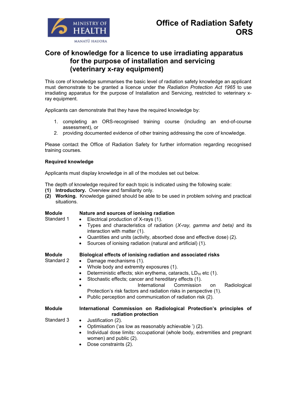 Core of Knowledge for a Licence to Use Irradiating Apparatus for the Purpose of Installation