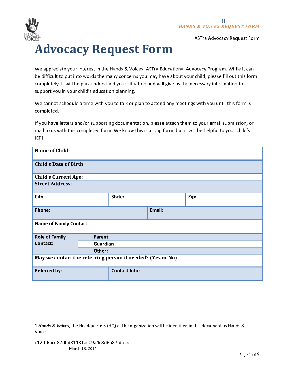 Hands & Voices Request Form