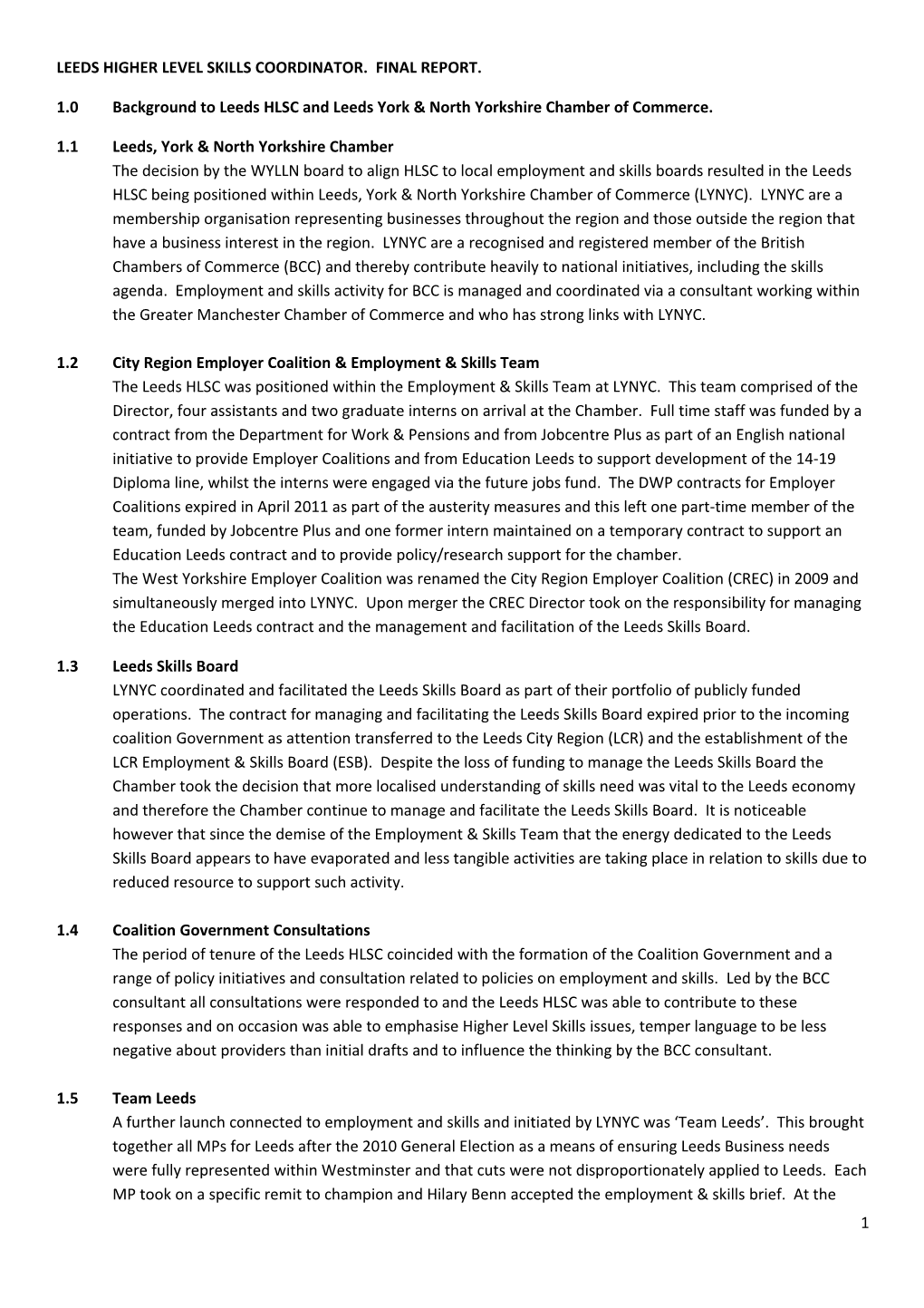 Leeds Higher Level Skills Coordinator. Final Report