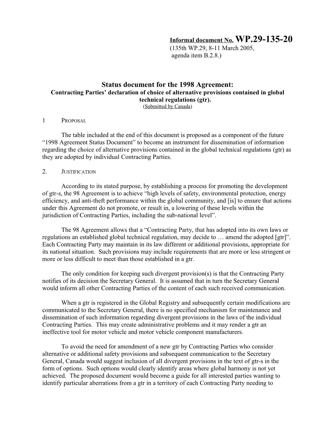 Status Document for the 1998Agreement