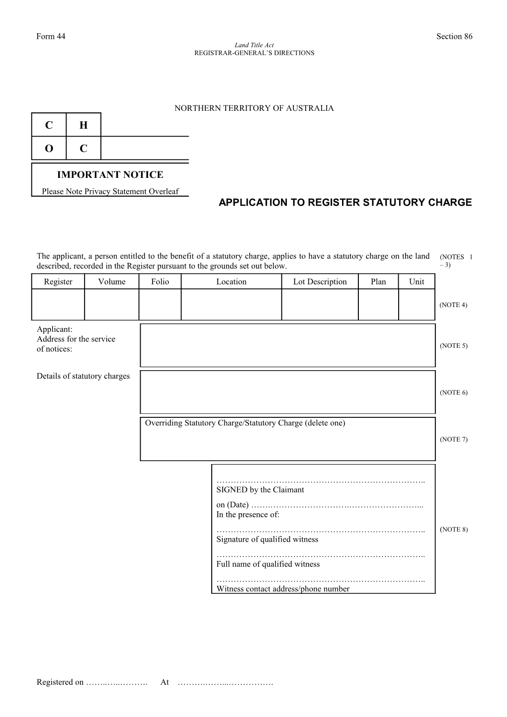 Form No. 44 - Application to Register Statutory Charge