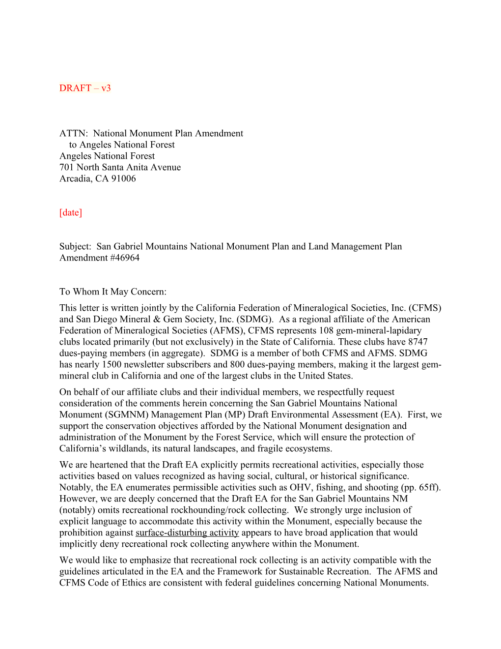 ATTN: National Monument Plan Amendment